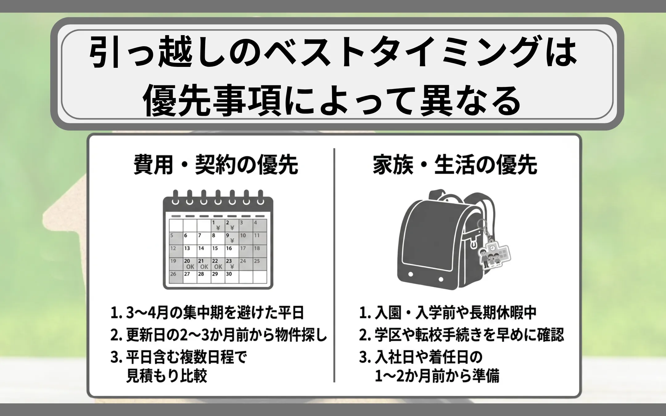 引っ越しのベストタイミングは優先事項によって異なる