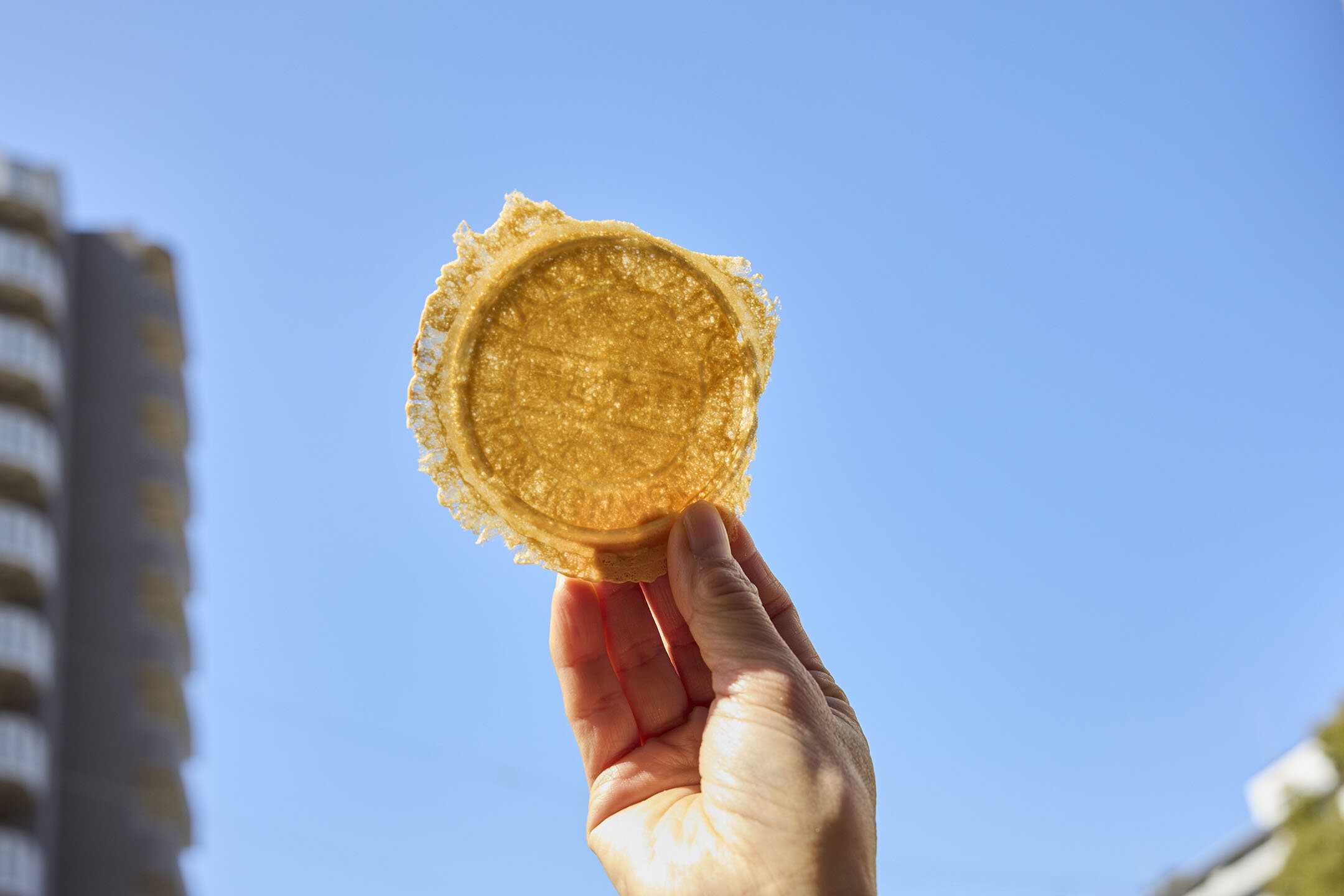 炭酸せんべいを高く掲げ、太陽の光に透かしている様子